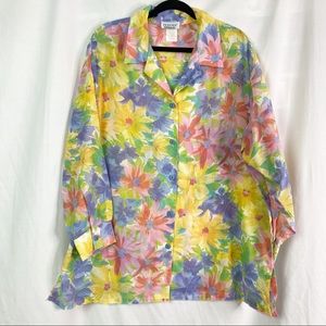 Vintage 80’s Abstract Watercolor Floral Print Long Sleeve Button Up Top XL